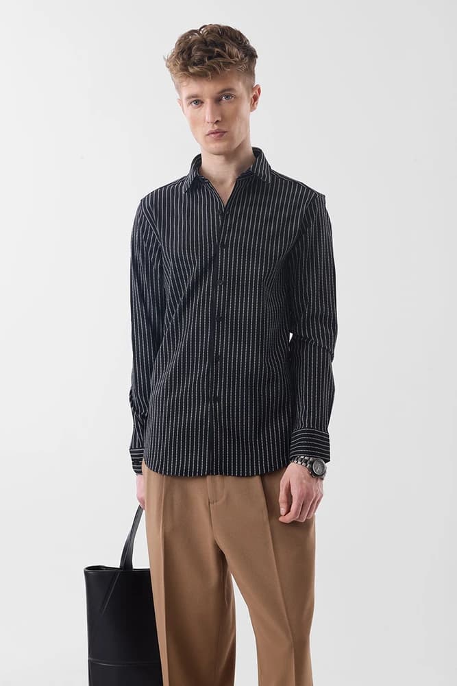 Slim Fit Polyester Stripes Shirts