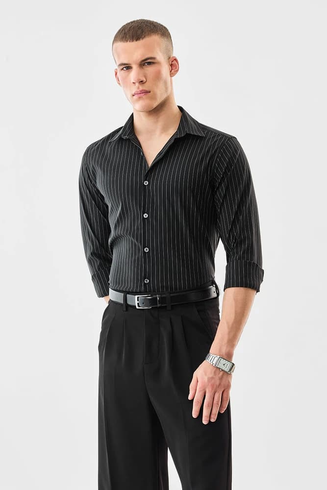 Slim Fit Polyester Stripes Shirts