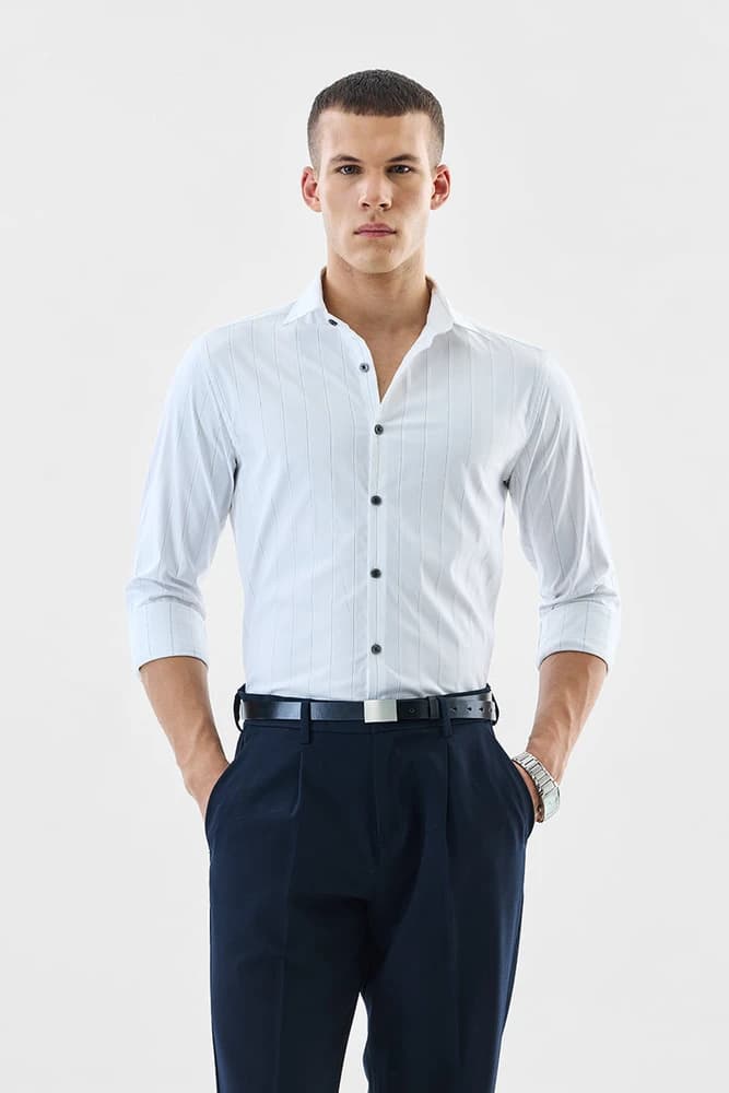 Slim Fit Polyester Stripes Shirts