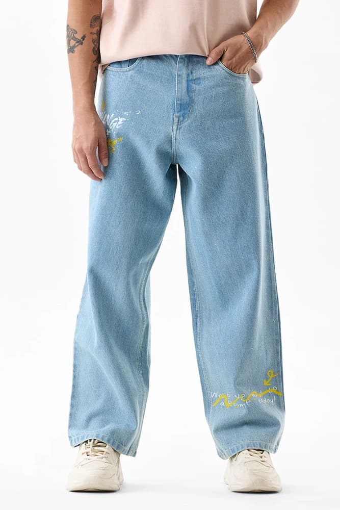 Baggy Fit Cotton Graphic Print Jeans