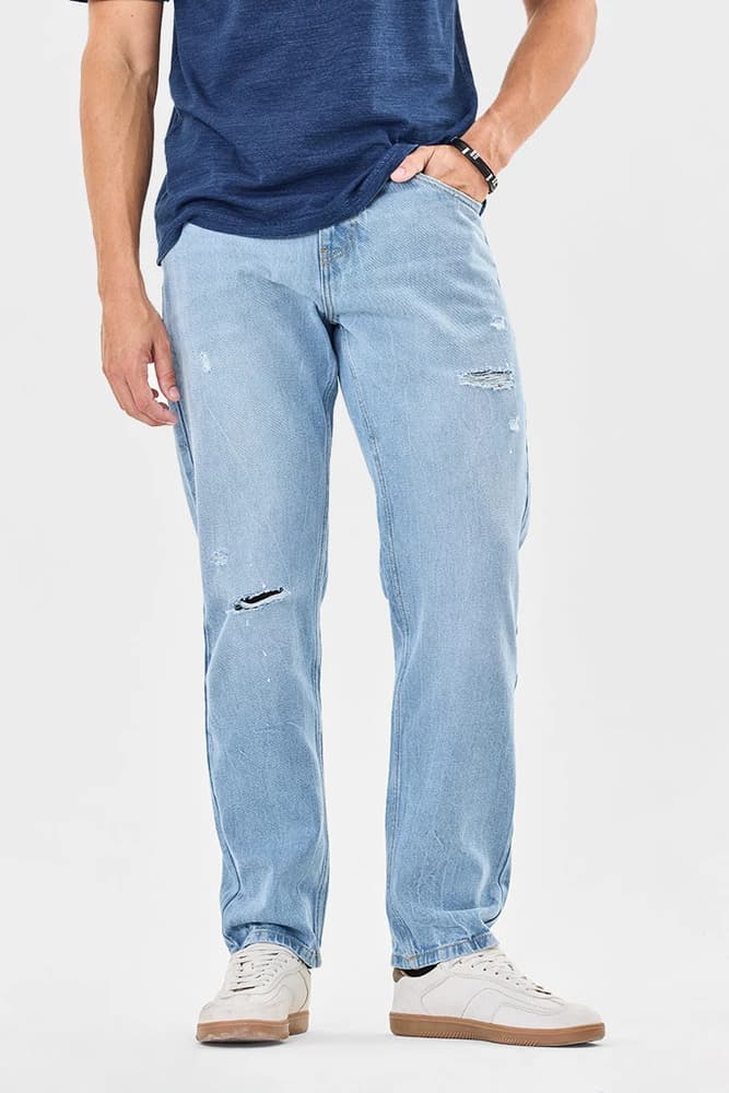 Relaxed Fit Cotton Distressed Jeans