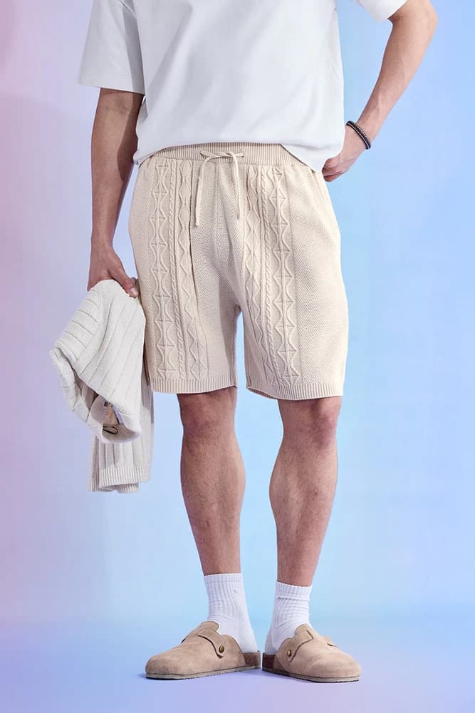 Relaxed Fit Cotton Self-Design Shorts