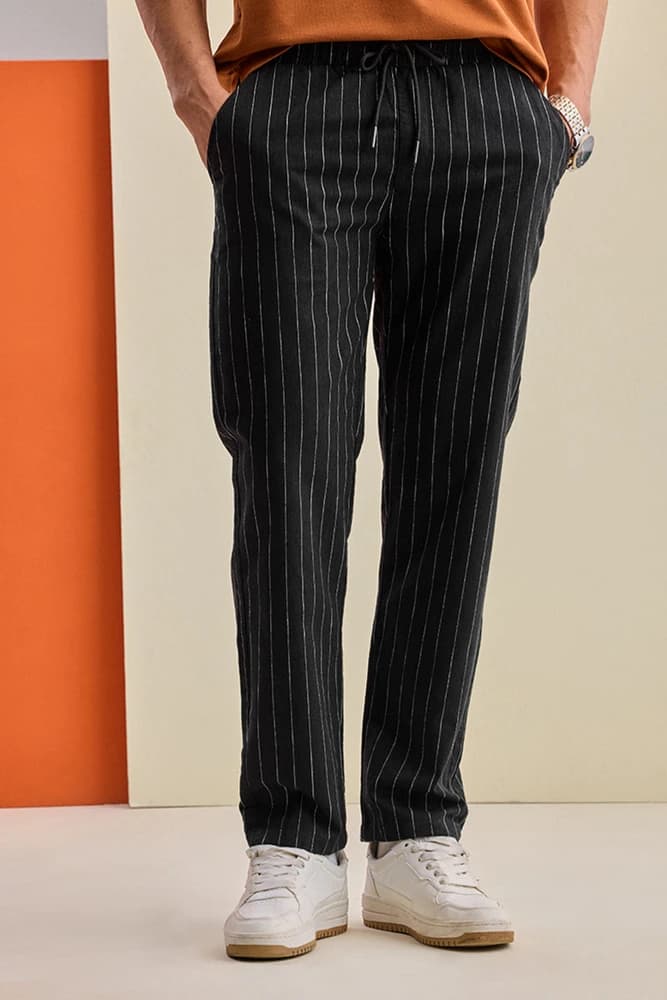 Straight Fit Polyester Stripes Trousers