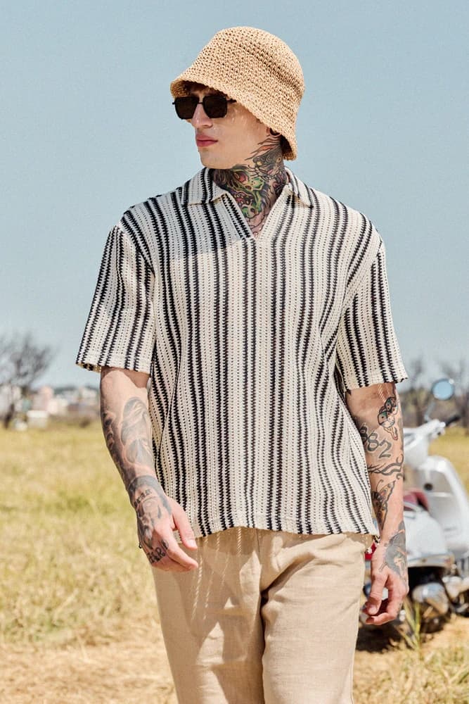 Box Fit Polyester Textured, Stripes T-Shirts