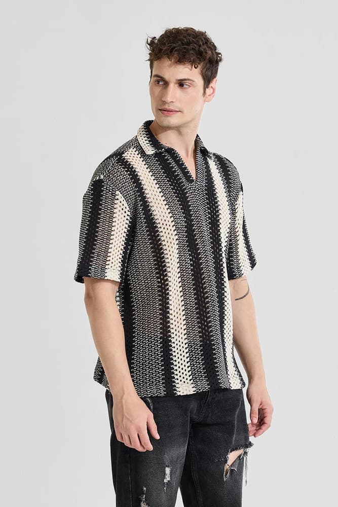 Box Fit Polyester Textured, Stripes T-Shirts