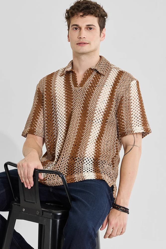 Box Fit Polyester Textured, Stripes T-Shirts