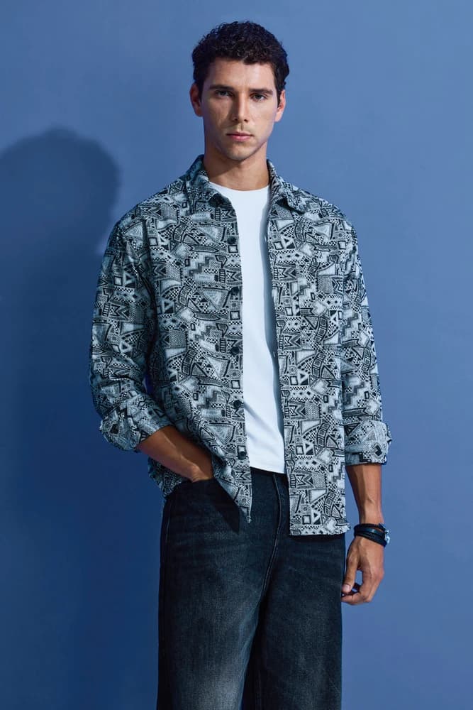 Relaxed Fit Polyester Abstract, Printed Overshirt