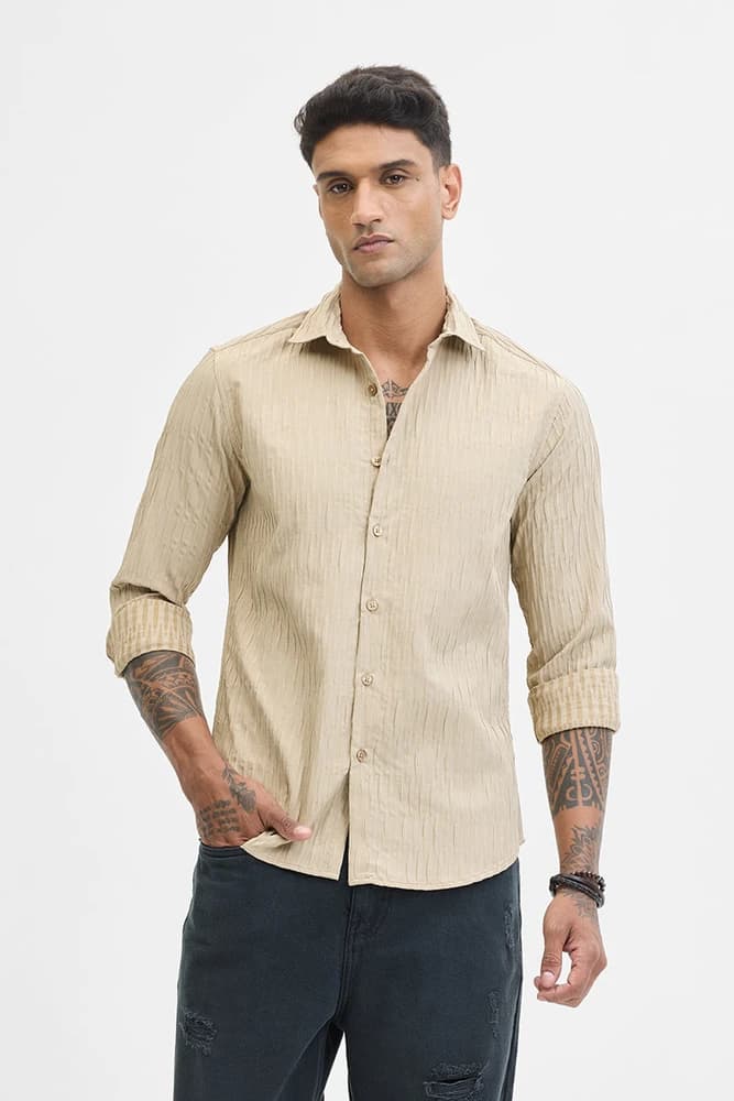 Slim Fit Polyester Self-Design, Textured Shirts