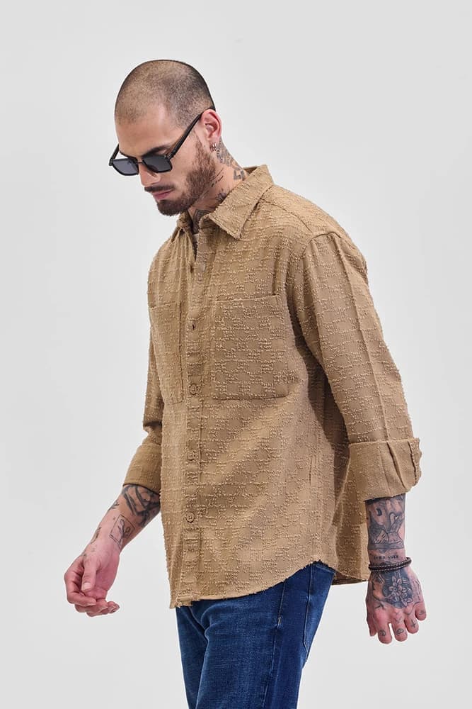 Relaxed Fit Cotton Self-Design, Textured Overshirt