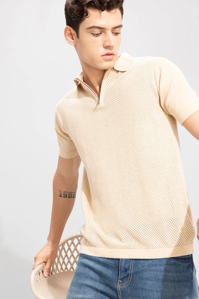 Slim Fit Cotton Textured, Self-Design T-Shirts