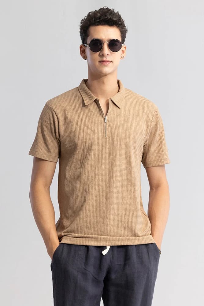 Slim Fit Polyester Textured, Self-Design T-Shirts