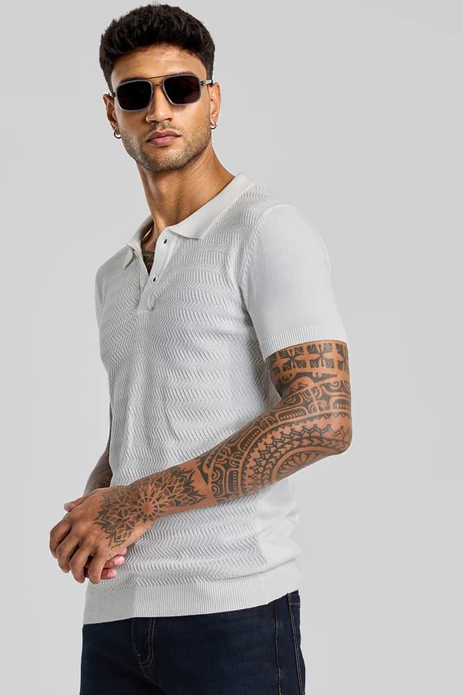Slim Fit Cotton Textured, Self-Design T-Shirts