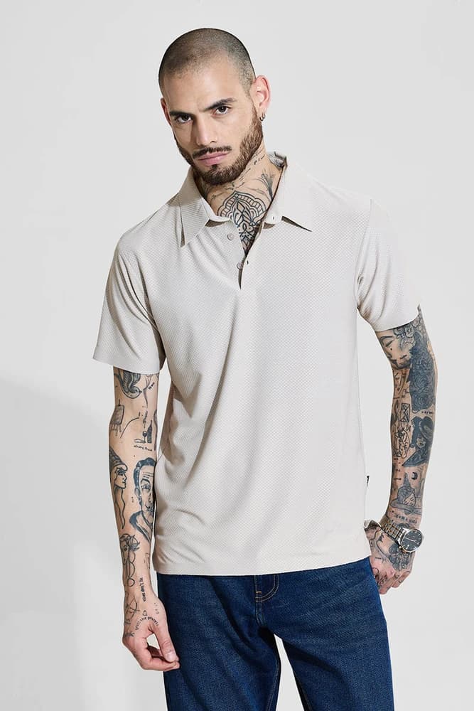 Slim Fit Polyester Self-Design, Textured T-Shirts
