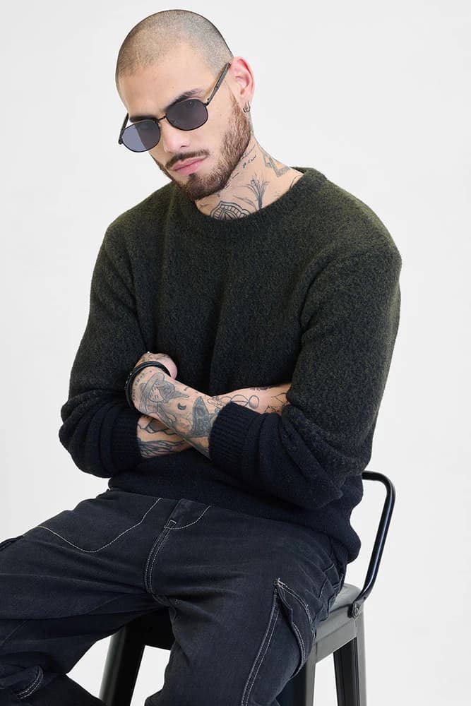 Slim Fit Cotton Self-Design, Textured Sweaters