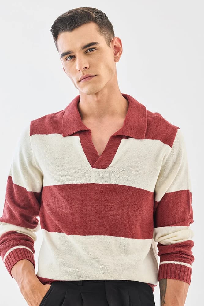 Regular Fit Polyester Stripes Sweaters