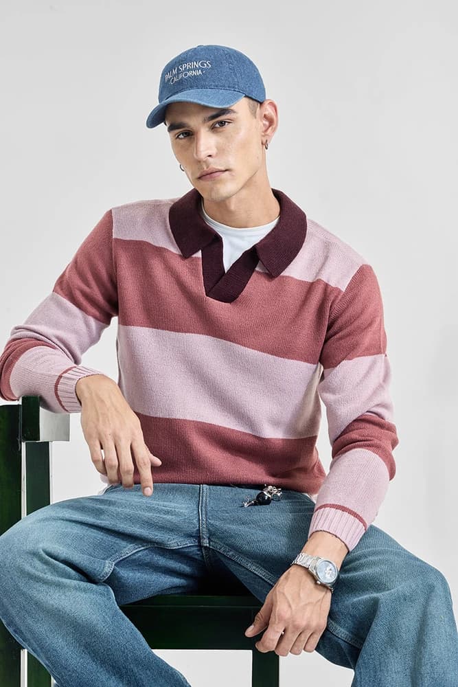 Regular Fit Polyester Stripes Sweaters