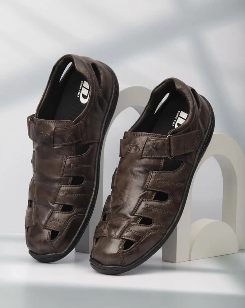 Genuine Leather Shoe-Style Sandals with Velcro Fastening
