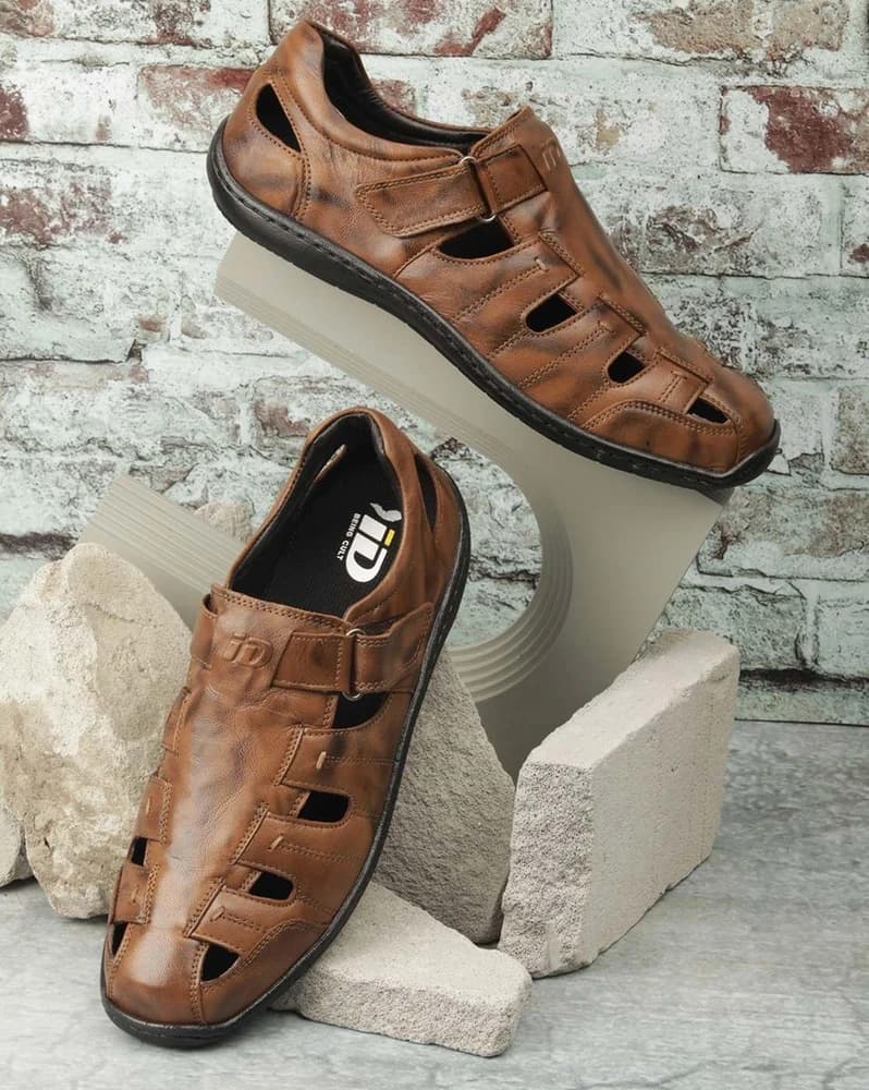 Genuine Leather Slip-On Sandals with Velcro Fastening