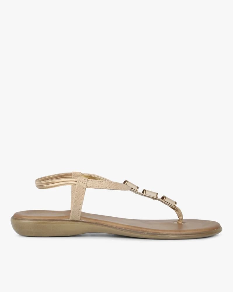 Women T-strap Flat Sandals with Metal Accent