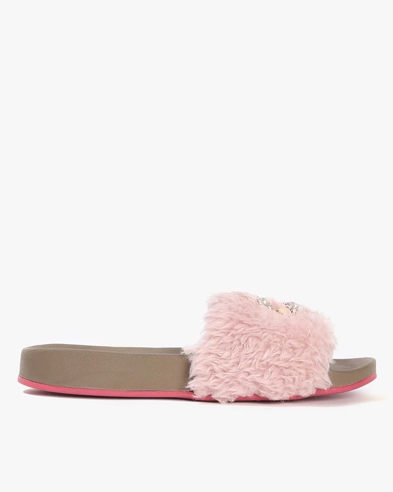 Faux-Fur Slides with Metal Accent