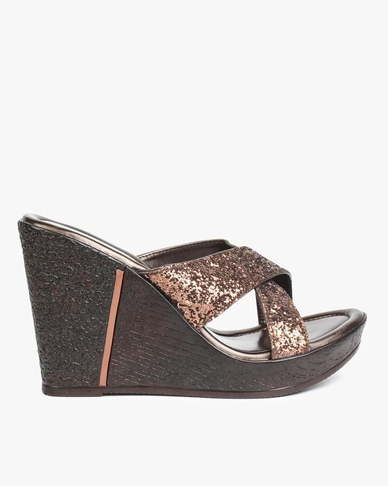 Shimmery Strappy Slip-On Wedges