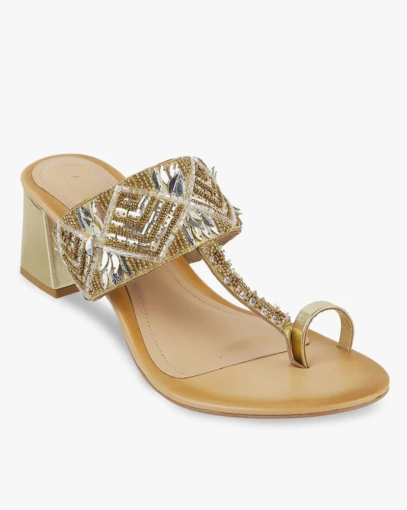 Women Embellished T-Strap Block-Heeled Sandals