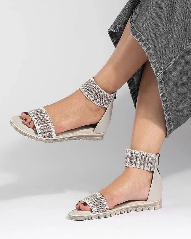 Women Basket Weave Flat Sandals with Zip Fastening