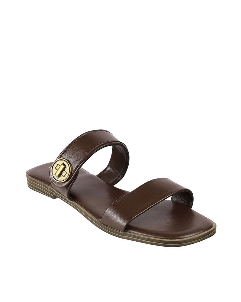 Women Dual-Strap Flat Sandals with Metal Accent