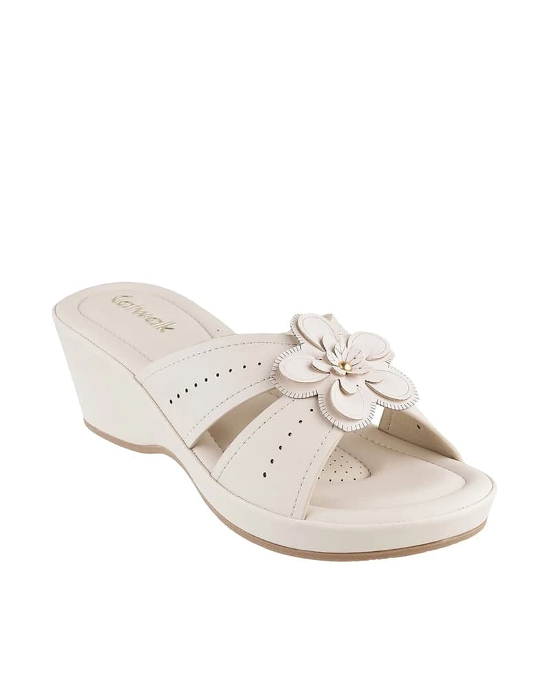 Women Perforated Wedges with Floral Applique