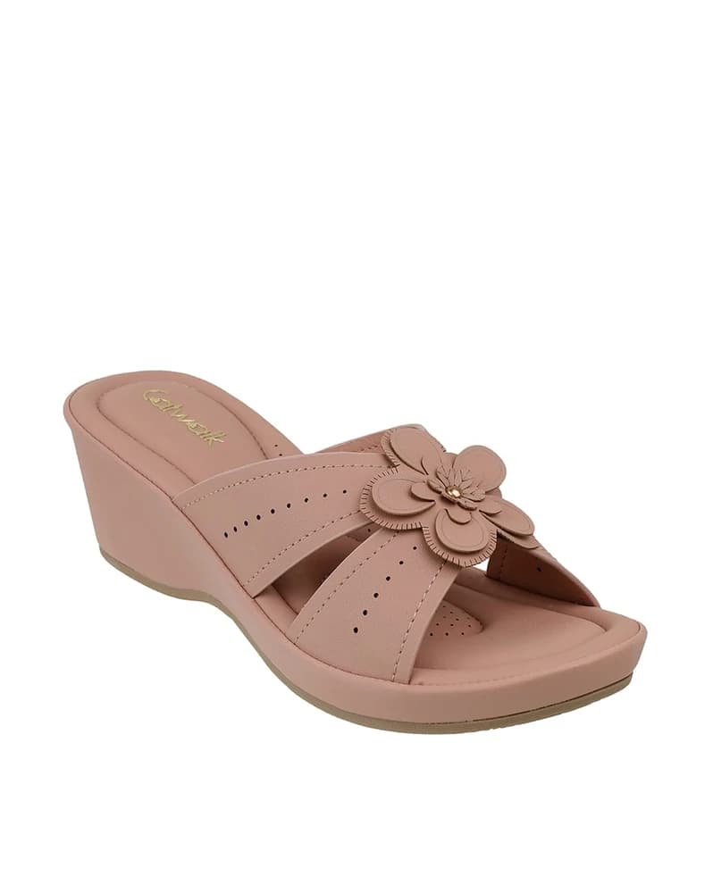 Women Perforated Wedges with Floral Applique