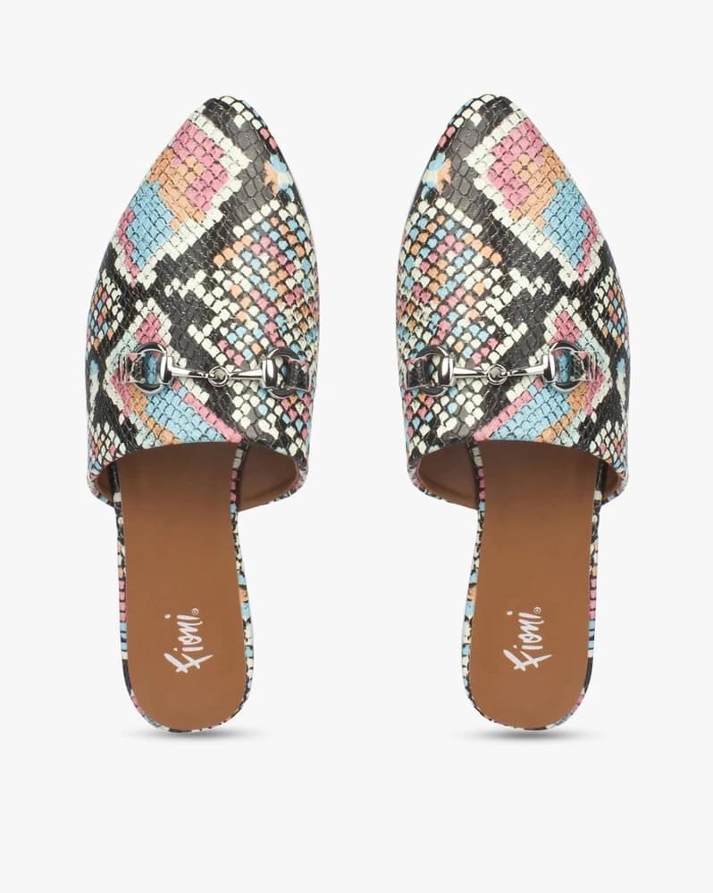 Reptilian Print Mules with Metal Accent