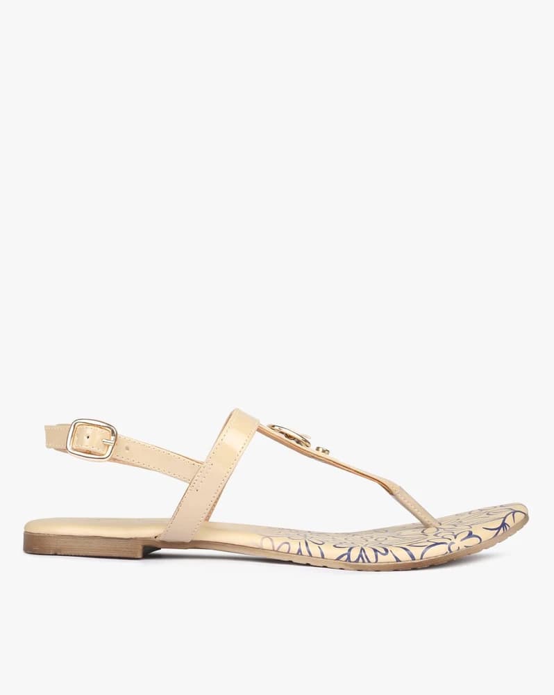 Floral Print T-strap Flat Sandals with Metal Accent