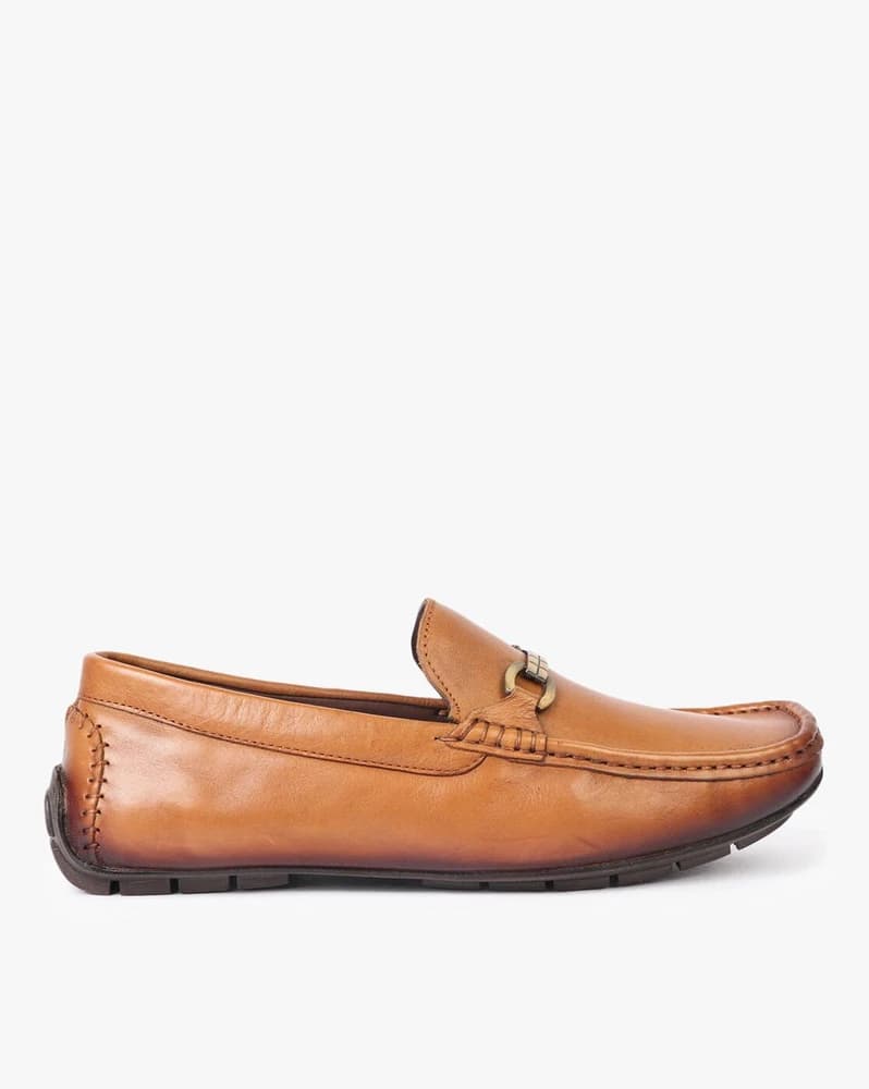 Leather Slip-On Loafers with Metal Accent