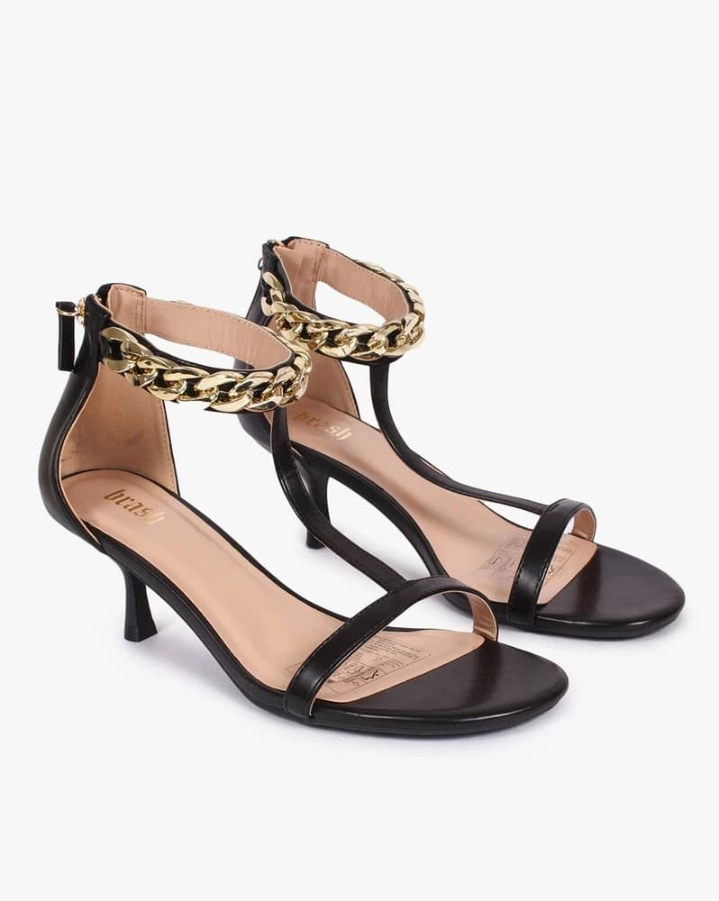 Kitten Heeled Sandals with Chain Accent