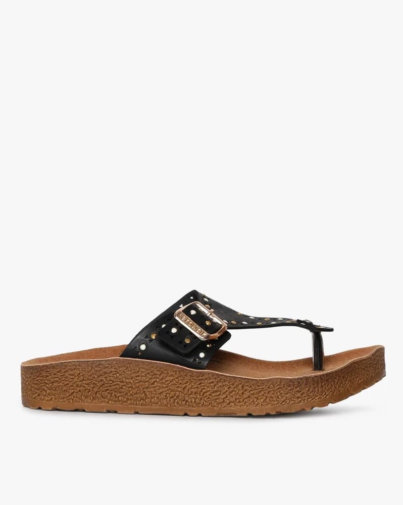Embellished Thong-Style Flat Sandals with Buckle